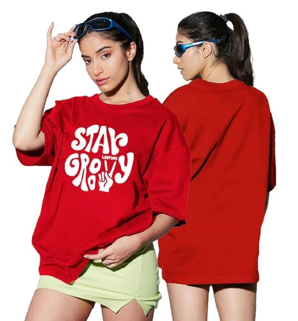 Women's Oversized Round Neck Cottonblend T-Shirts-Red