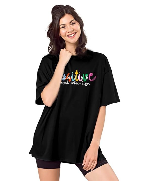 Women's 100% Cotton Oversized Tshirt for Women-Drop Shoulder Front Printed Round Neck-Black