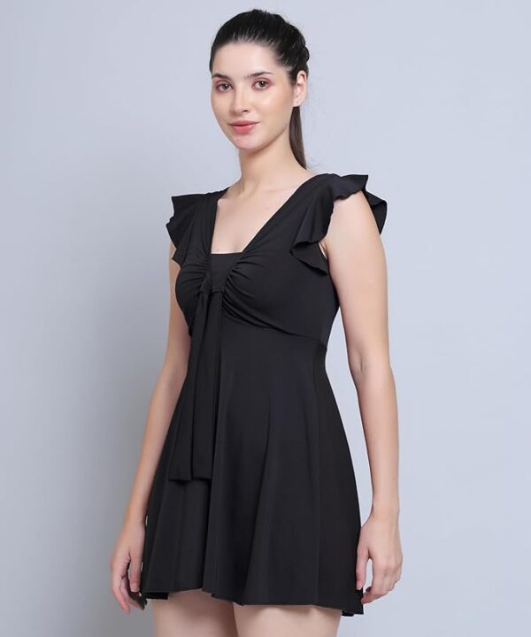 Women Front Tie Knot Ruched Frock Style Padded One Piece Swimming--Black