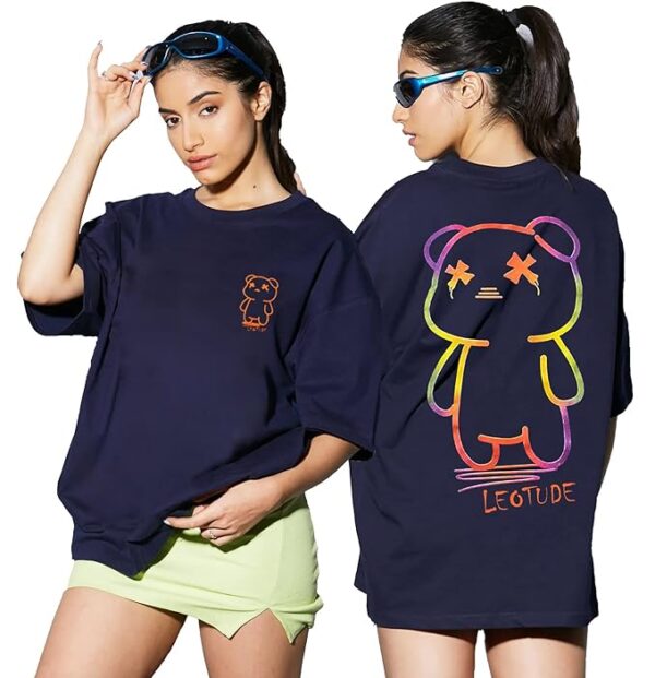 Women's Oversized Round Neck Cottonblend T-Shirts-Navy