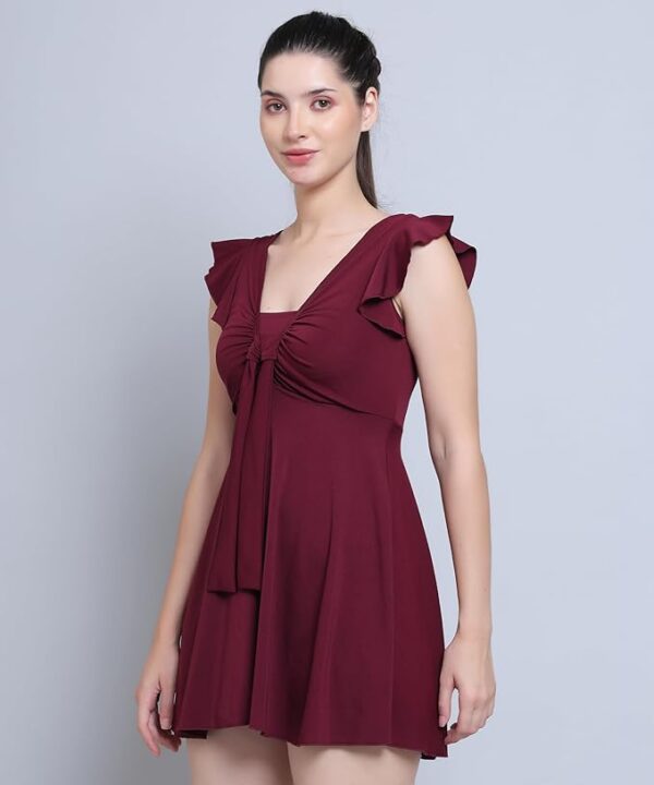Women Front Tie Knot Ruched Frock Style Padded One Piece Swimming--Wine