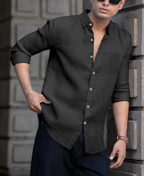 Men's Solid Linen Cotton Shirt | Full Sleeve | Summer-Regular Fit-BLACK