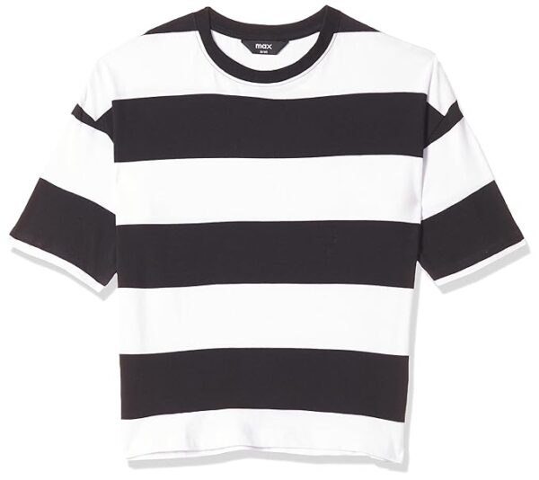 Women Striped Drop Shoulder Regular Fit T-Shirt-BLACK
