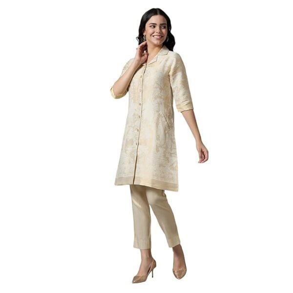 Ivory Gold Floral Design Woven Kurti || Brocade Material || Kurti for Women