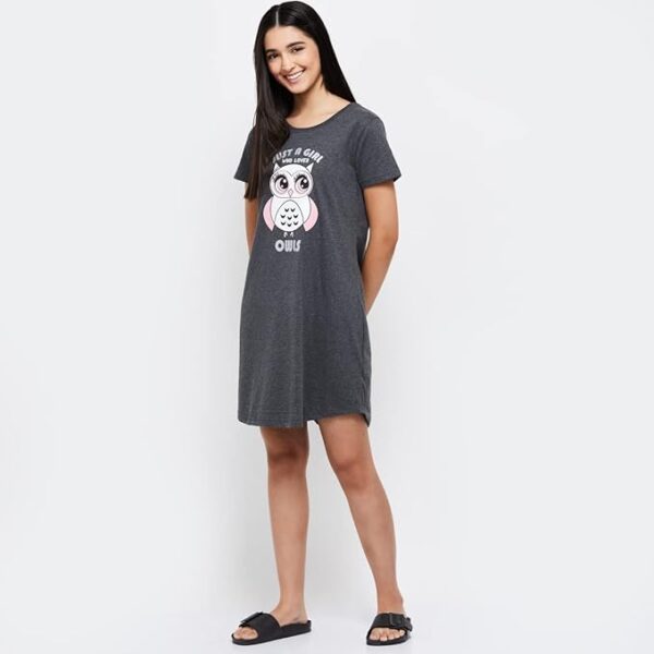 Grey Women Cotton Printed Short Sleeves Mini Night Dress