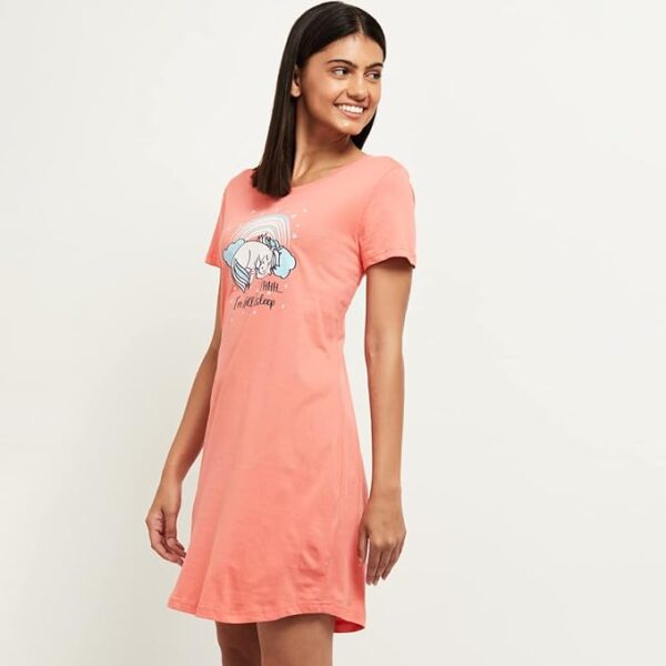 Women Cotton Printed Short Sleeves Mini Night Dress Peach