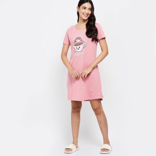 Pink Women Cotton Printed Short Sleeves Mini Night Dress