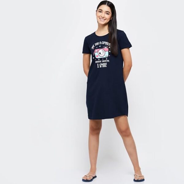Navy Women Cotton Printed Short Sleeves Mini Night Dress