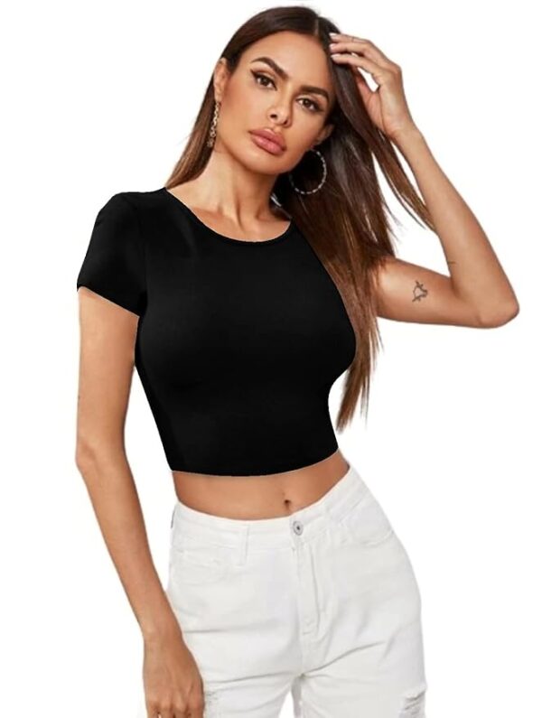 Black Fashion Women's Casual Short Sleeves Round Neck Crop Top