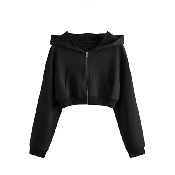 Casual Solid Zip Crop Hoodie for Women's Black