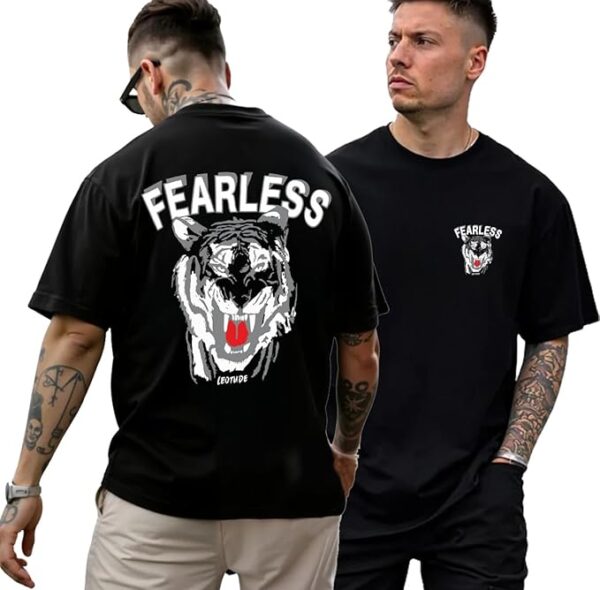 BLACK Men's Oversized Cottonblend Round Neck Half Sleeve Back Printed Tshirt