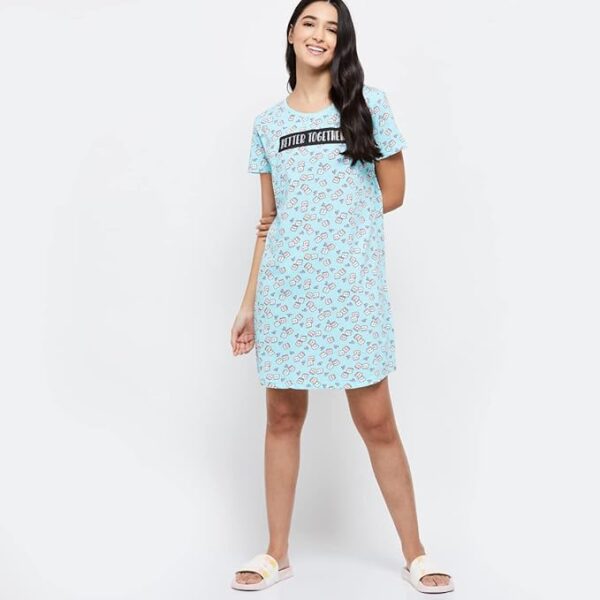 Sky Blue Women Cotton Printed Short Sleeves Mini Night Dress