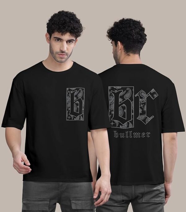 Black Trendy Front and Back Printed oversized Round Neck T-shirt for men