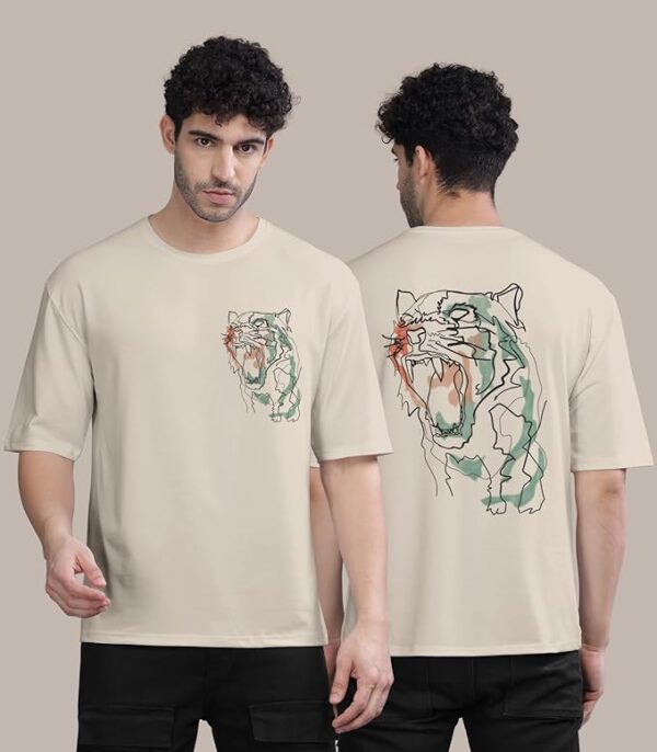 Cream Trendy Front and Back Printed oversized Round Neck T-shirt for men