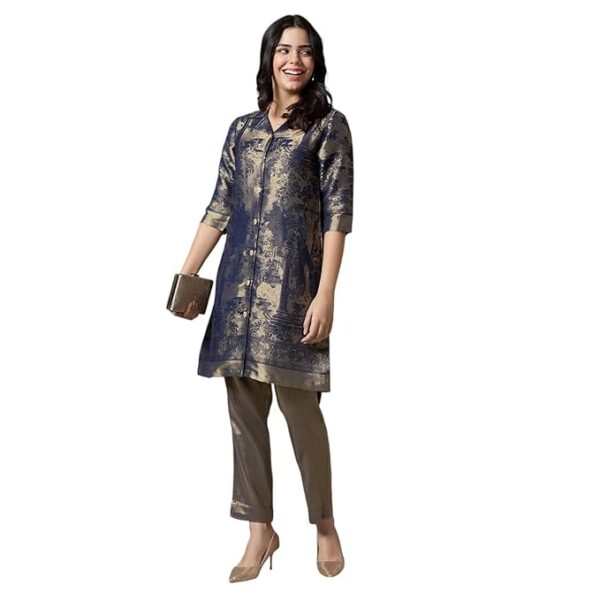 Navy Gold Floral Design Woven Kurti || Brocade Material || Kurti for Women