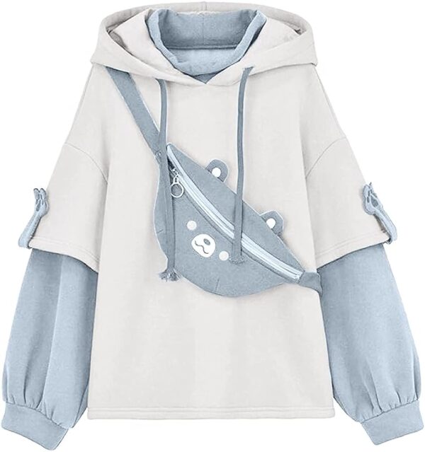 Blue Cute Brown Bear Hoodie for Womens Long Sleeve Kawaii Sweatshirts M