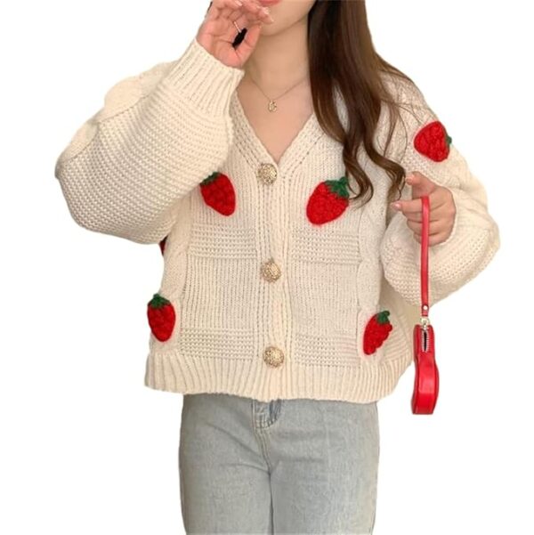Womens Kawaii Strawberry Knit Cropped Sweater Cute Cardigan Aesthetic