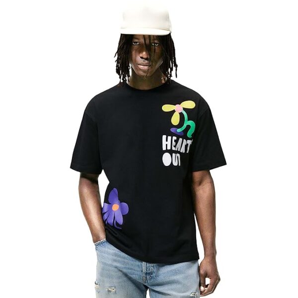 Black Men's Casual Printed Round Neck, Oversized Longline Drop T-Shirt