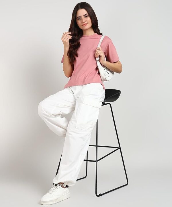 Pink Relaxed Fit Side Slit Cotton Short Sleeve T-Shirt  Women's